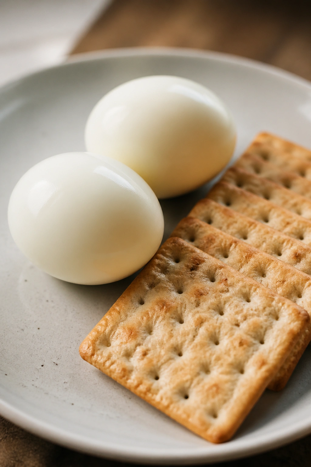 Close-up of boiled eggs and plain crackers on a plate