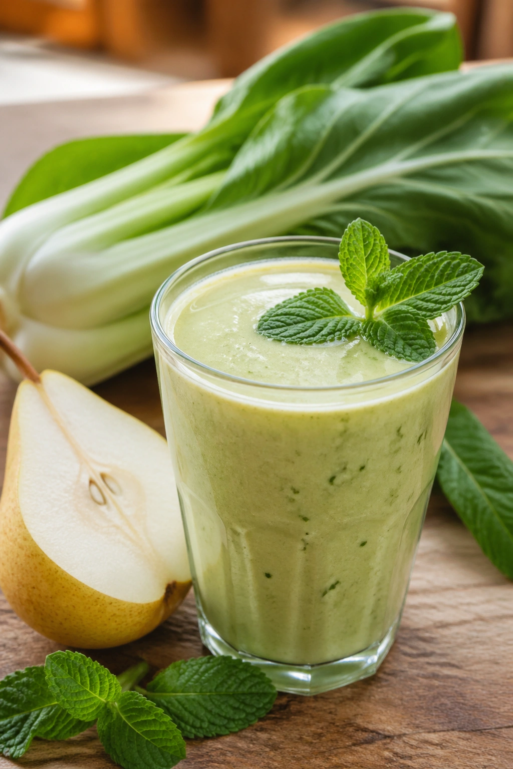 Light-green bok choy pear mint smoothie with pear half and mint nearby on kitchen counter