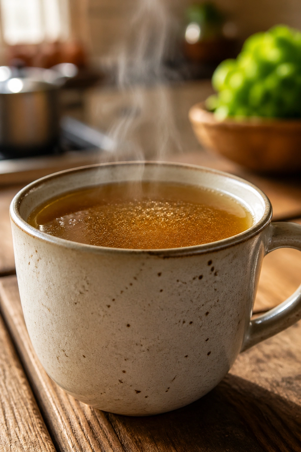 Mug of steaming bone broth on a wooden table