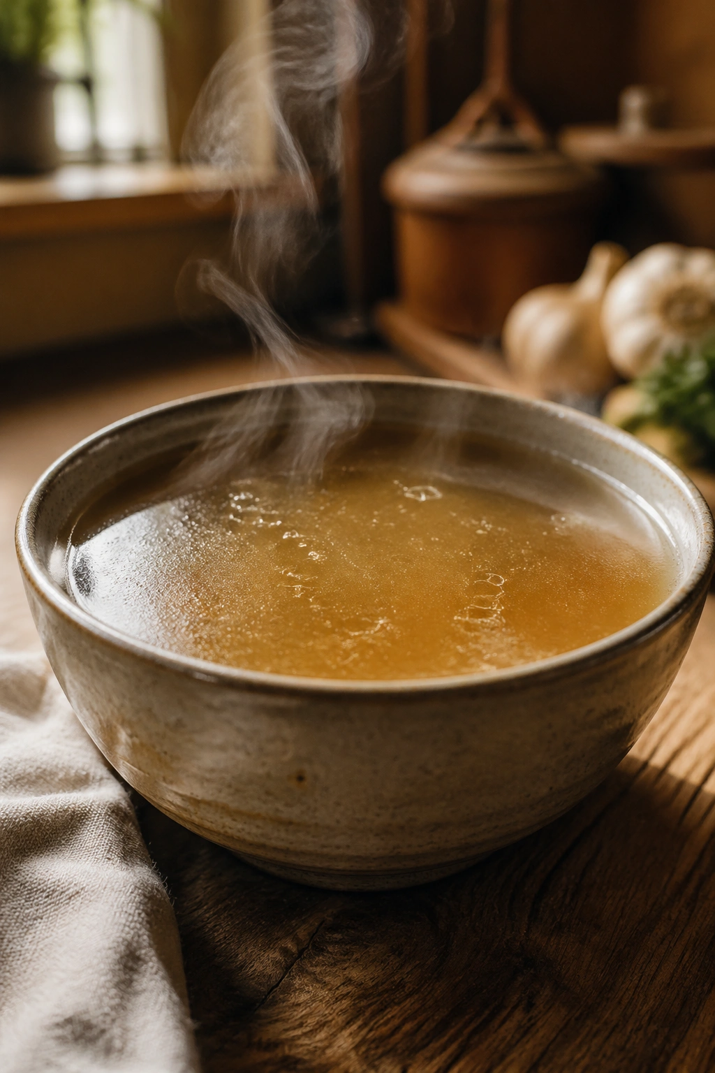 Steaming bone broth in a bowl on a wooden table