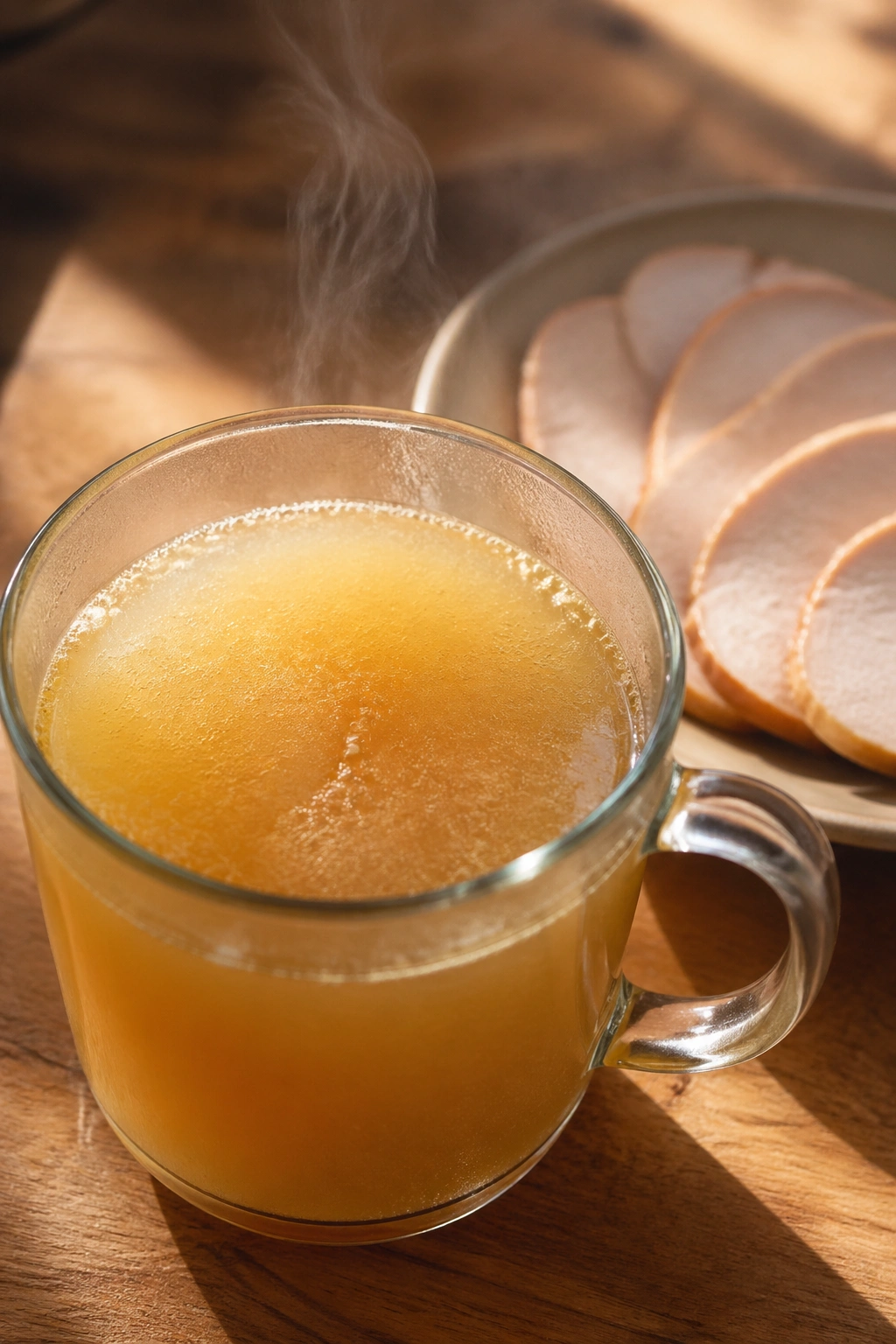 Mug of bone broth with collagen and turkey slices on the side