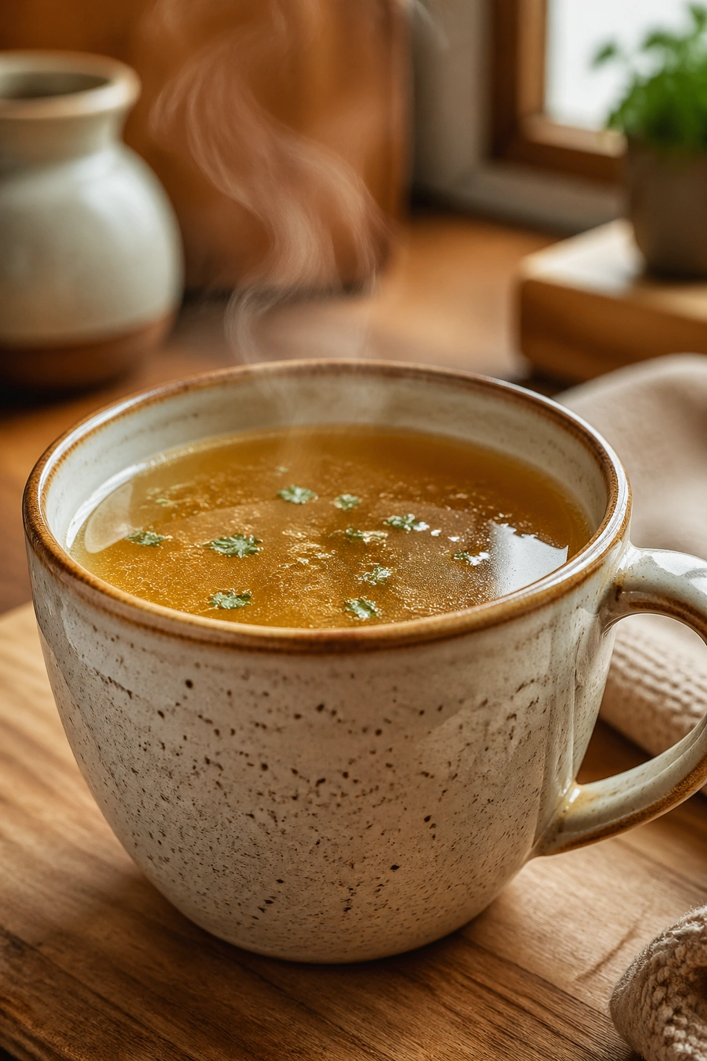 Close-up of a steaming mug of savory bone broth in a warm kitchen