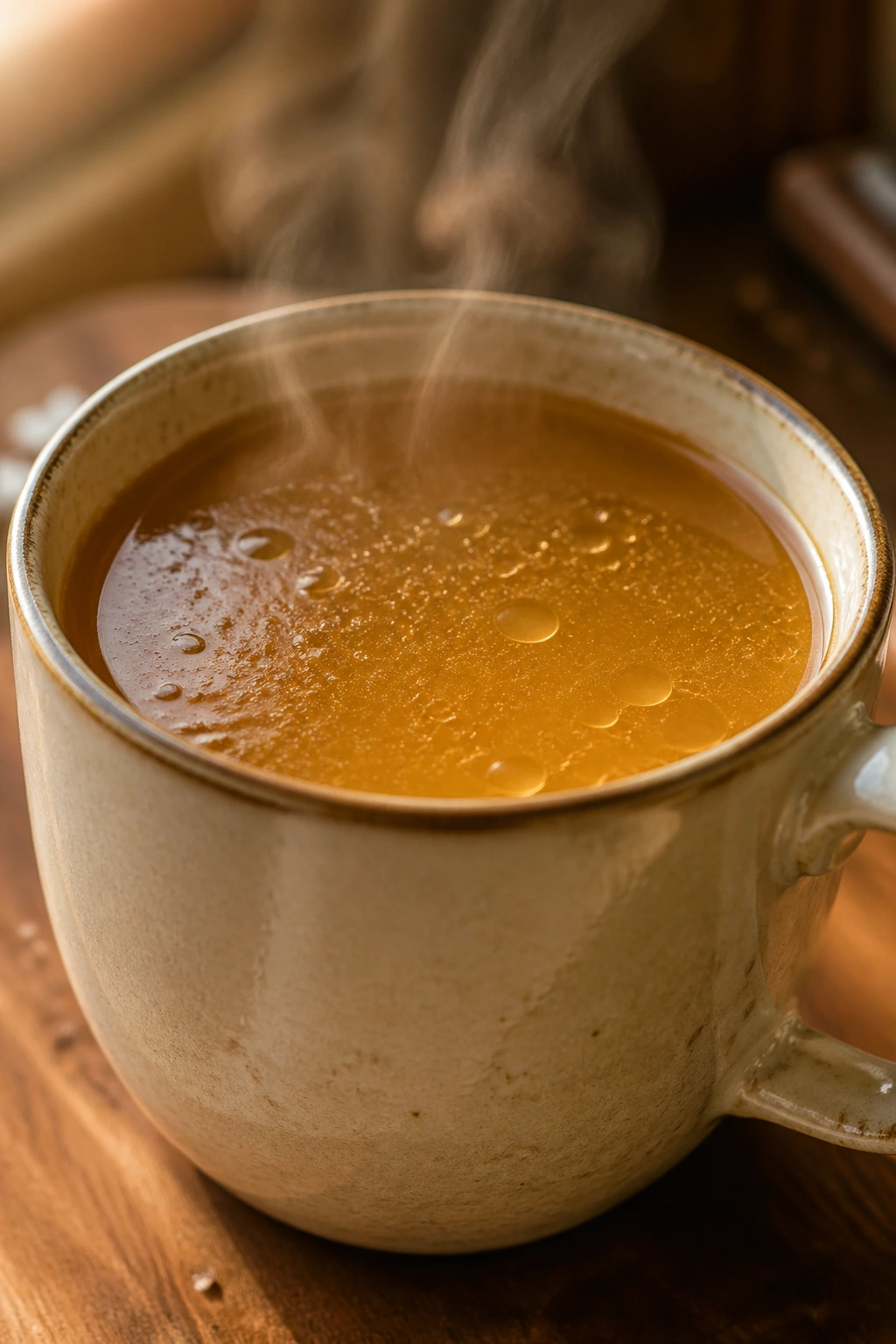 Close-up of a steaming mug of bone broth in a cozy kitchen.