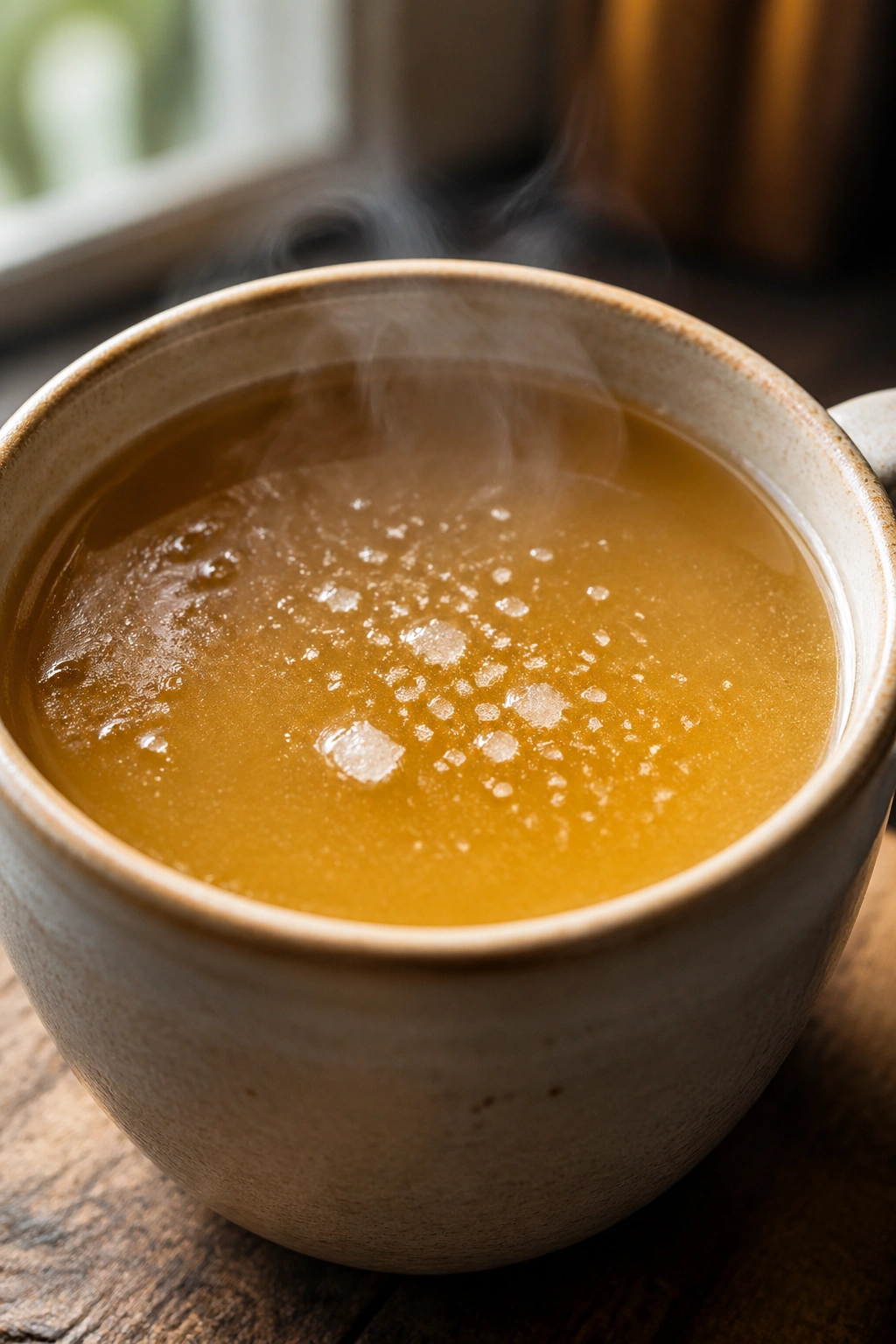 Close-up of a steaming bone broth cup with sea salt crystals on top in a warm kitchen