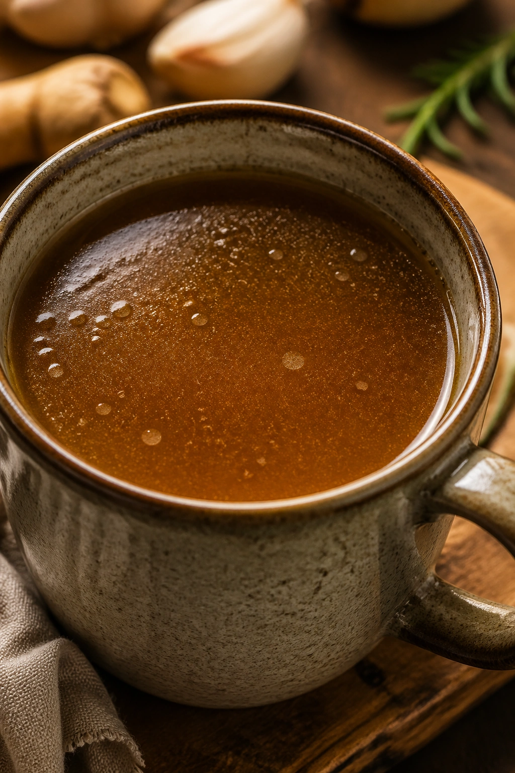 Close-up of a mug of bone broth on a warm kitchen counter