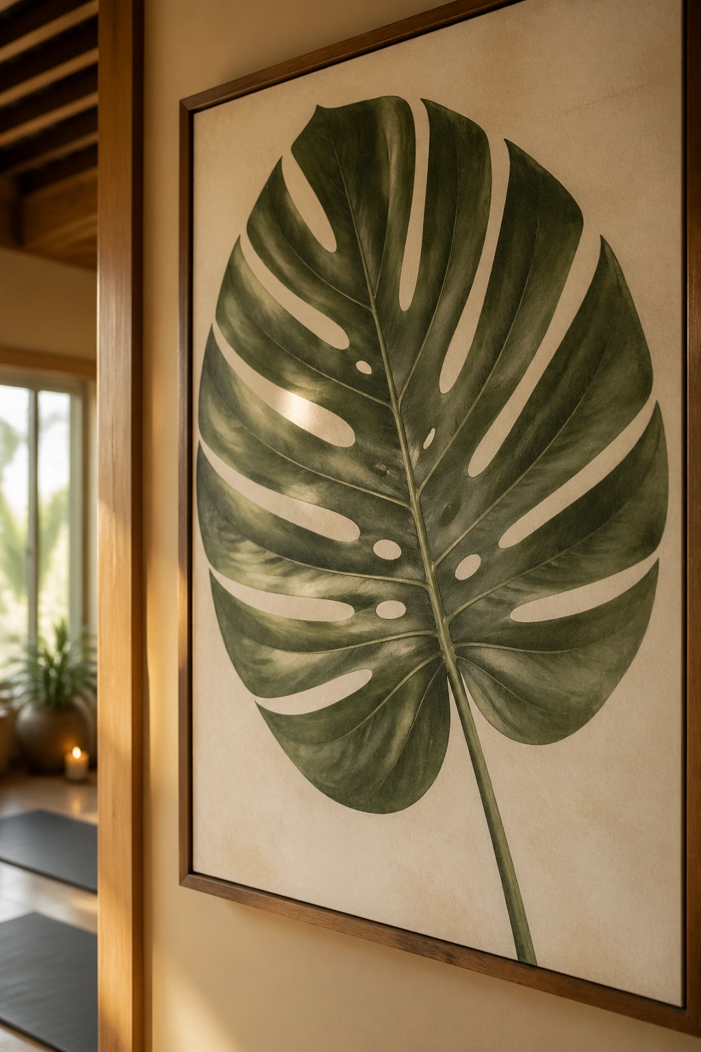 Close up of a monstera leaf botanical poster on a yoga studio wall.