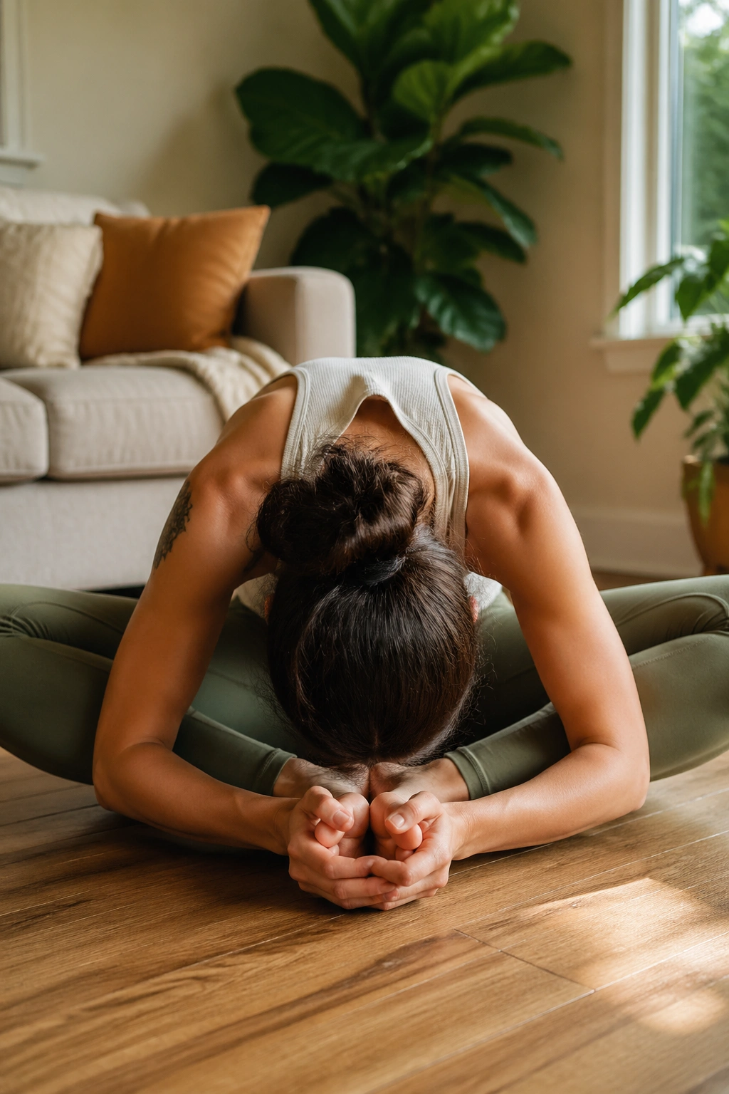 Person in bound angle forward fold opening inner hips