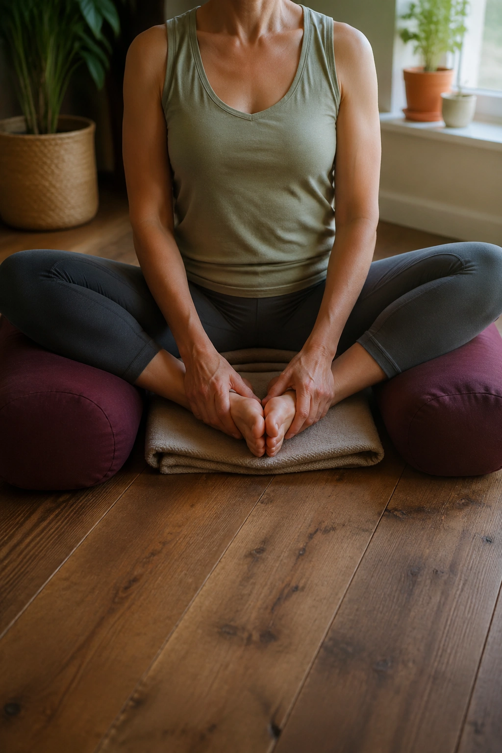 Close-up of a real person in Bound Angle Pose with bolsters under the thighs on a folded blanket, knees resting comfortably.