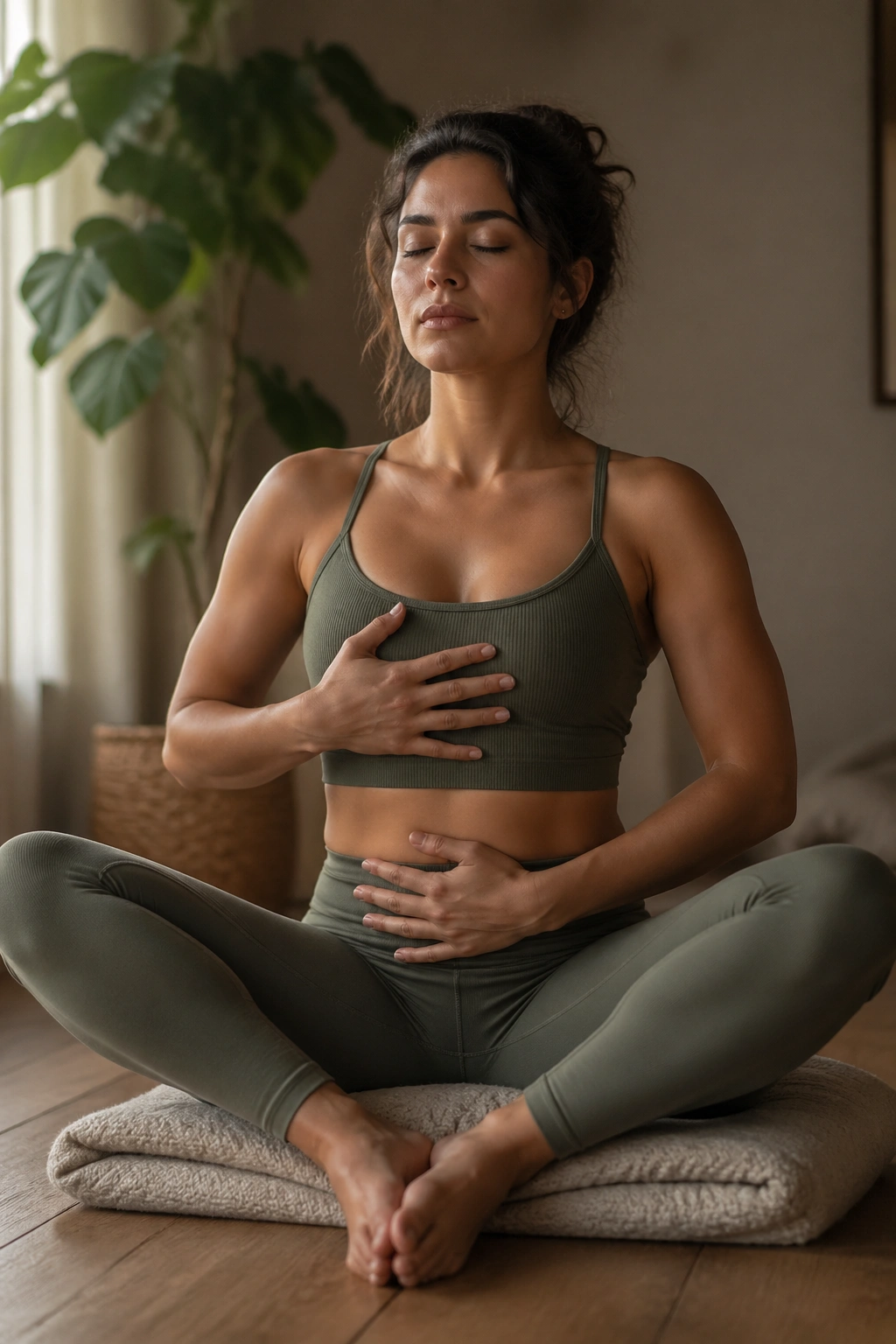 Close-up of a person in Bound Angle Pose with hands on belly and ribs during slow breaths in a cozy room