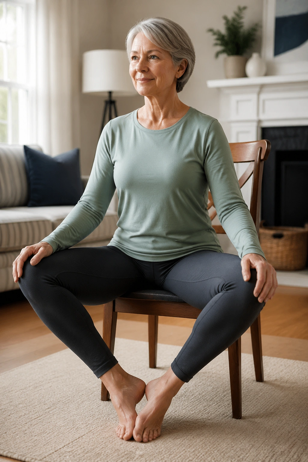 Senior seated bound angle stretch in a living room