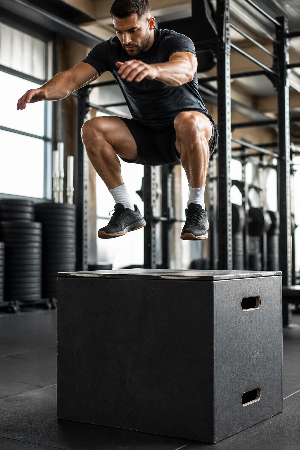 Athlete performing a box jump as a power primer in a gym with weight equipment in the background