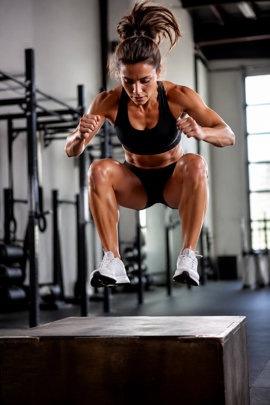 Athlete performing explosive box jump for power day