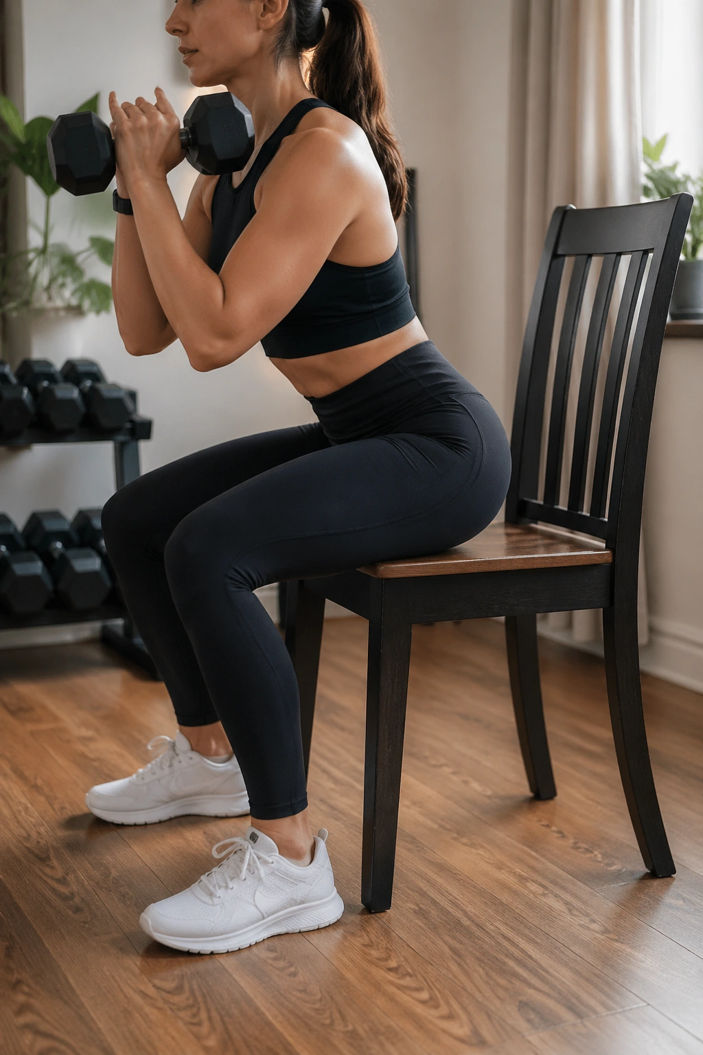 Medium close-up of a person performing a box squat to a chair in a home gym