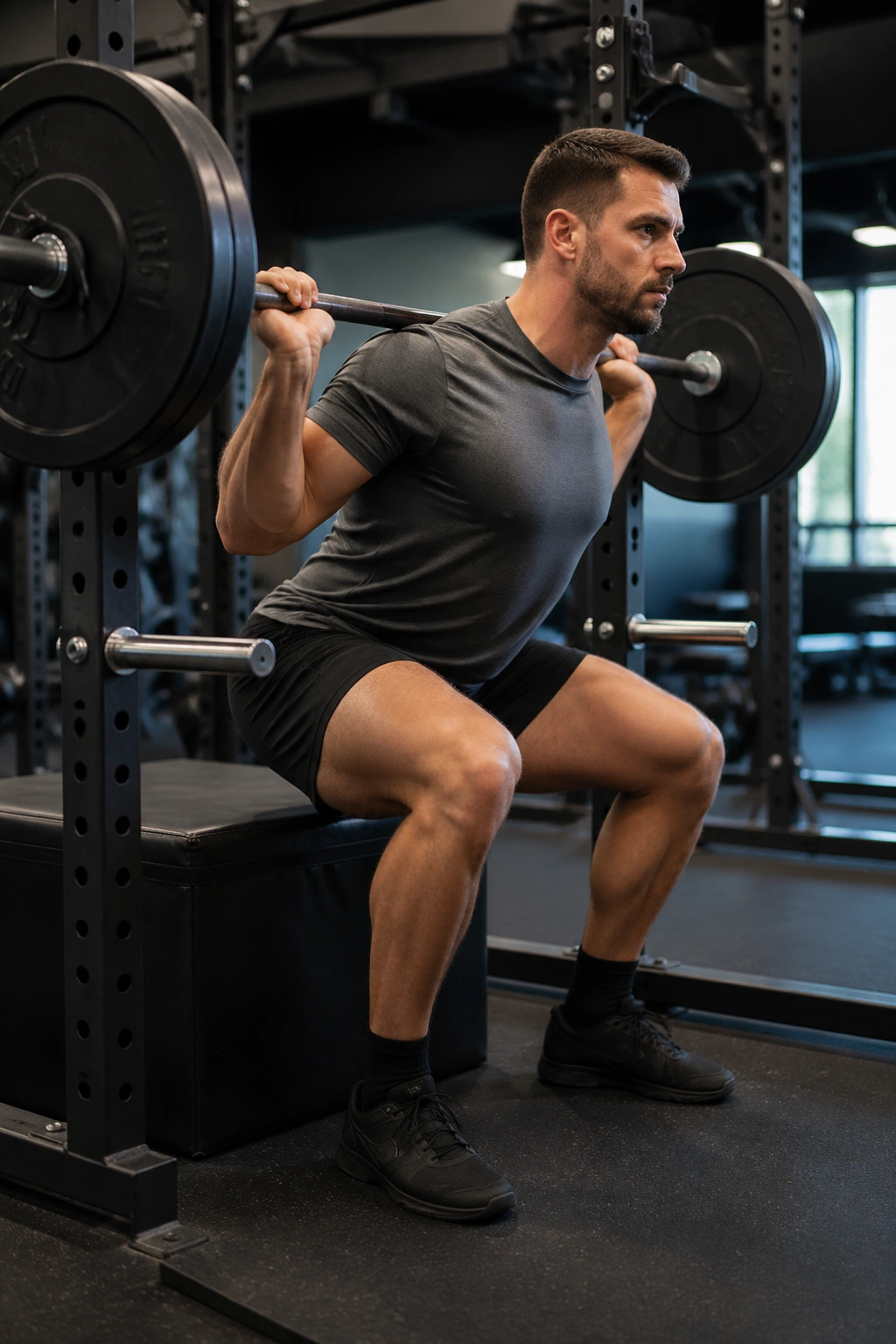 Mid-shot of person performing box squat with bench in gym