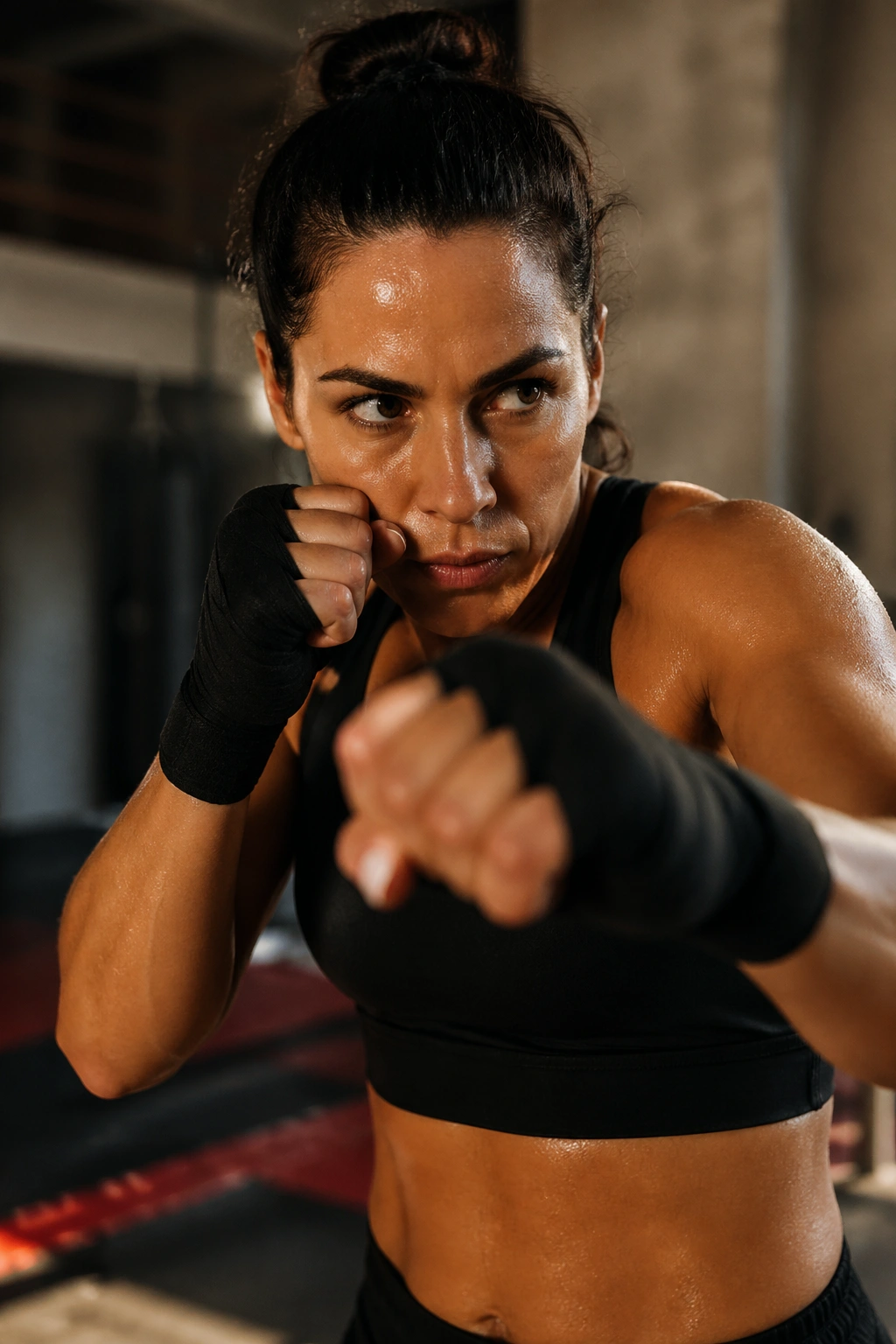 Close-up of a real person shadowboxing in a gym, fists up and sweating