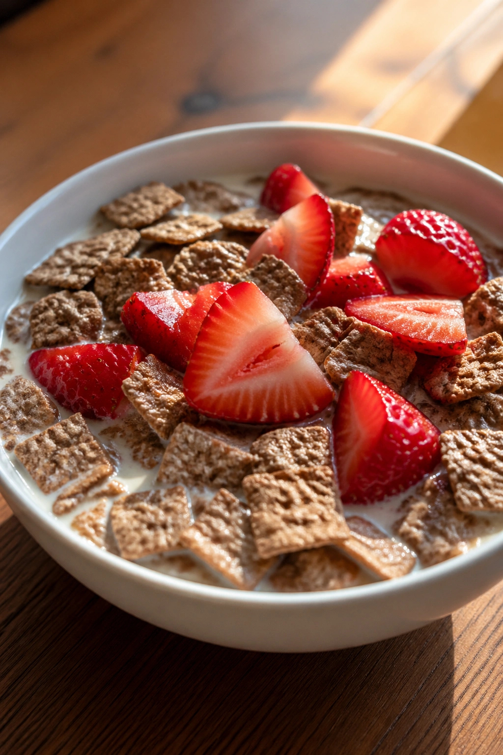Bran cereal with milk and strawberries in a bowl