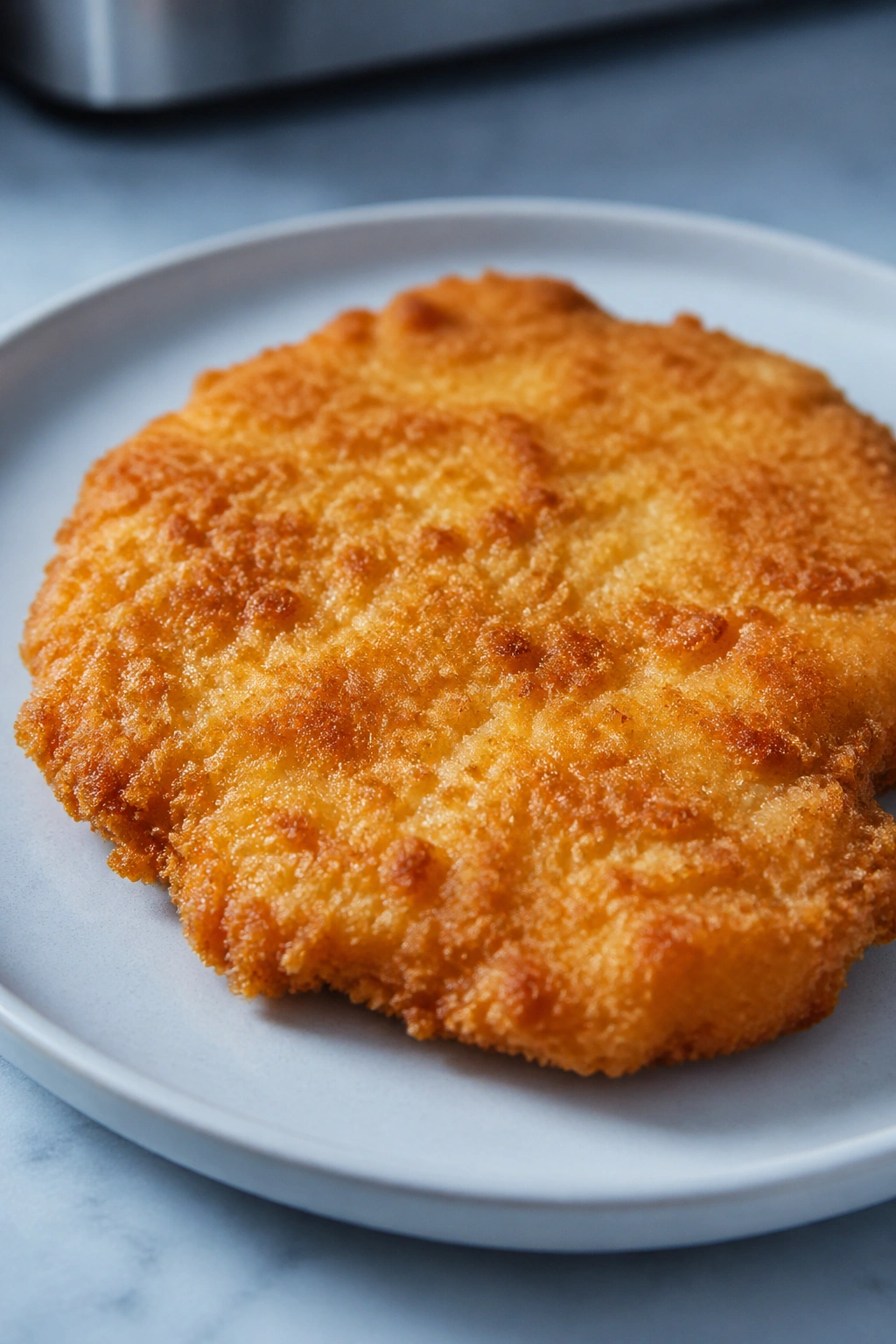 Close-up of a breaded chicken patty on a plain plate