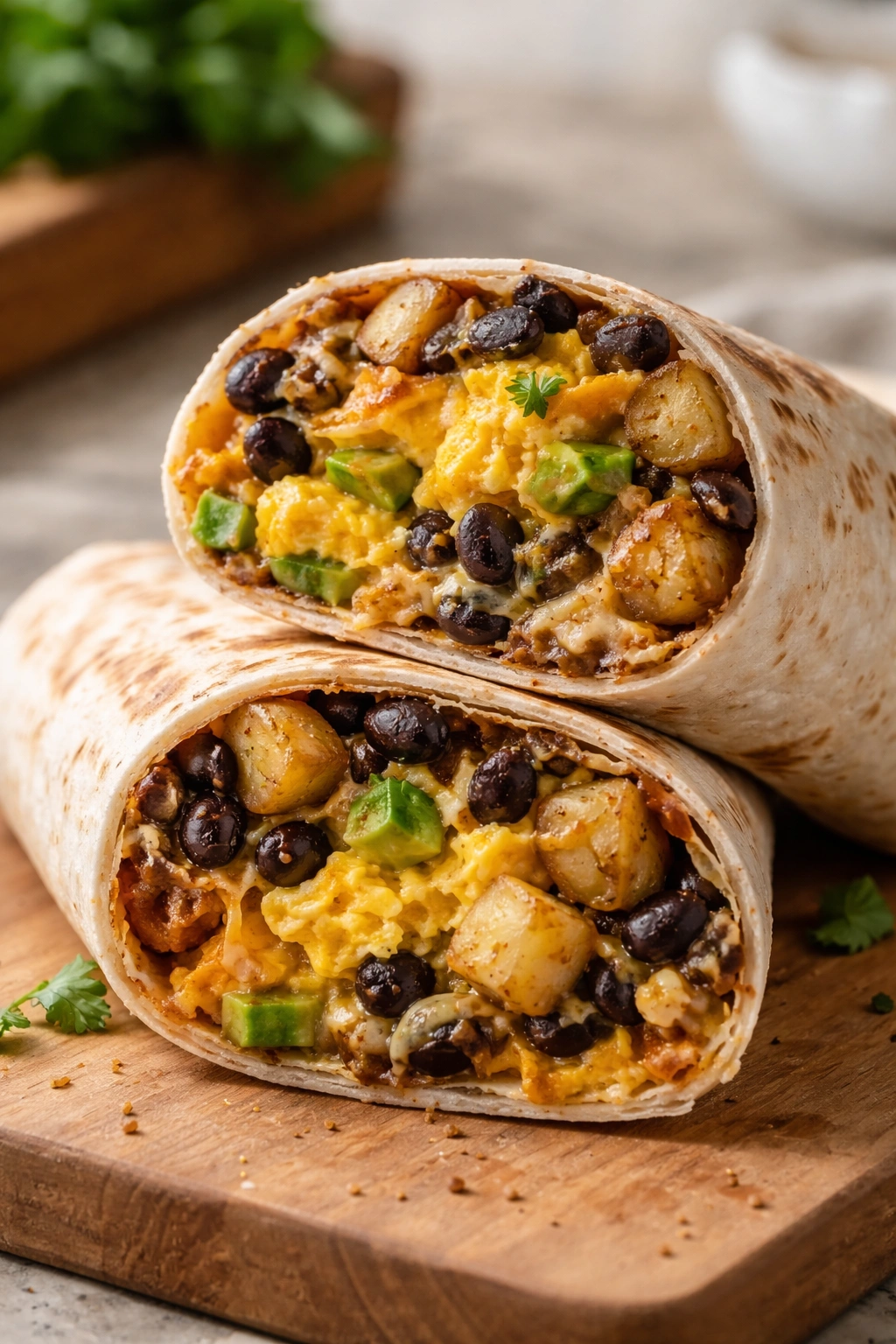 Cross-section of a breakfast burrito showing eggs, beans, and potatoes.