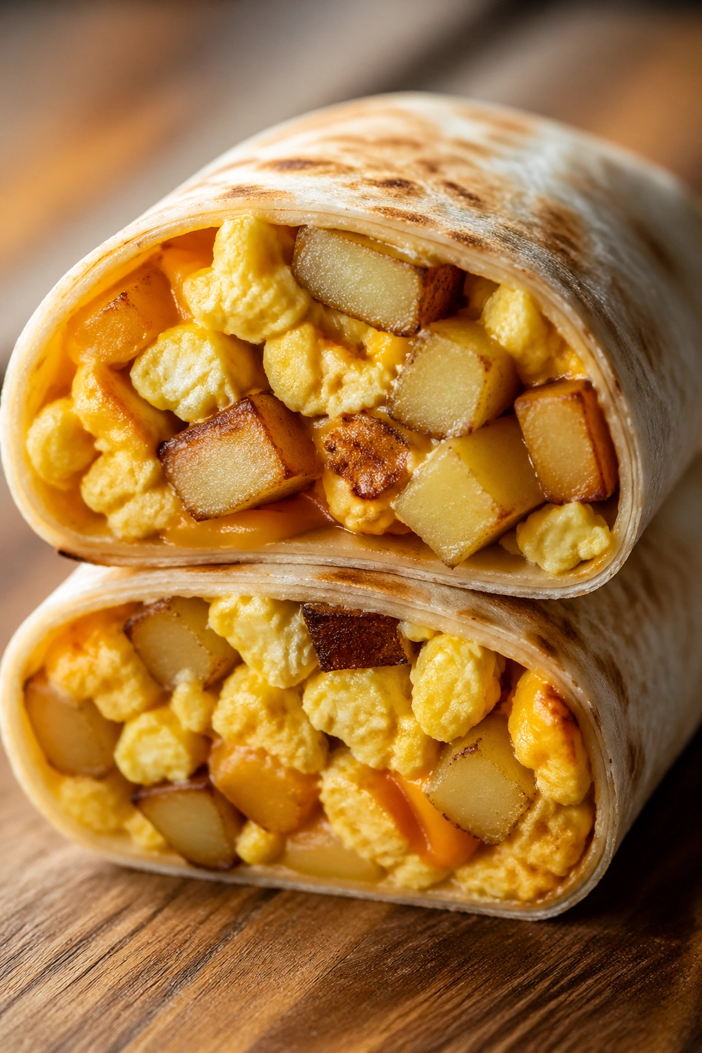 Cross-section view of a breakfast burrito filled with eggs and potatoes