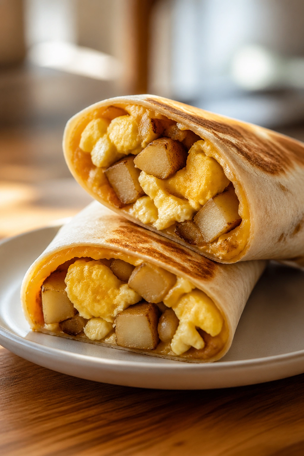 Cross-section of a breakfast burrito with eggs and potatoes on a plate
