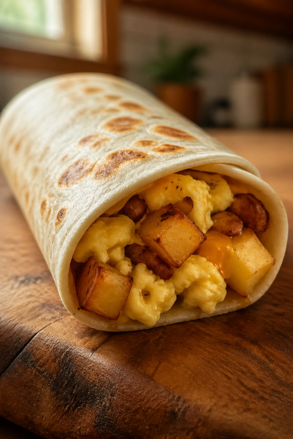 Wrapped breakfast burrito with eggs and potatoes visible