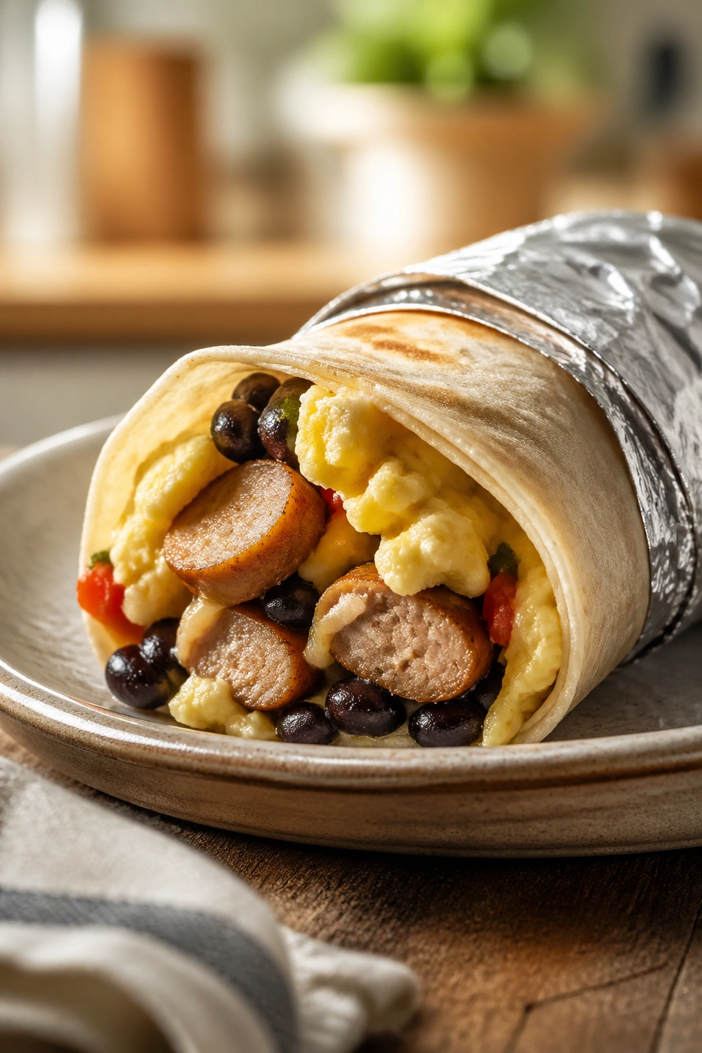 Breakfast burrito opened to show eggs and sausage filling.