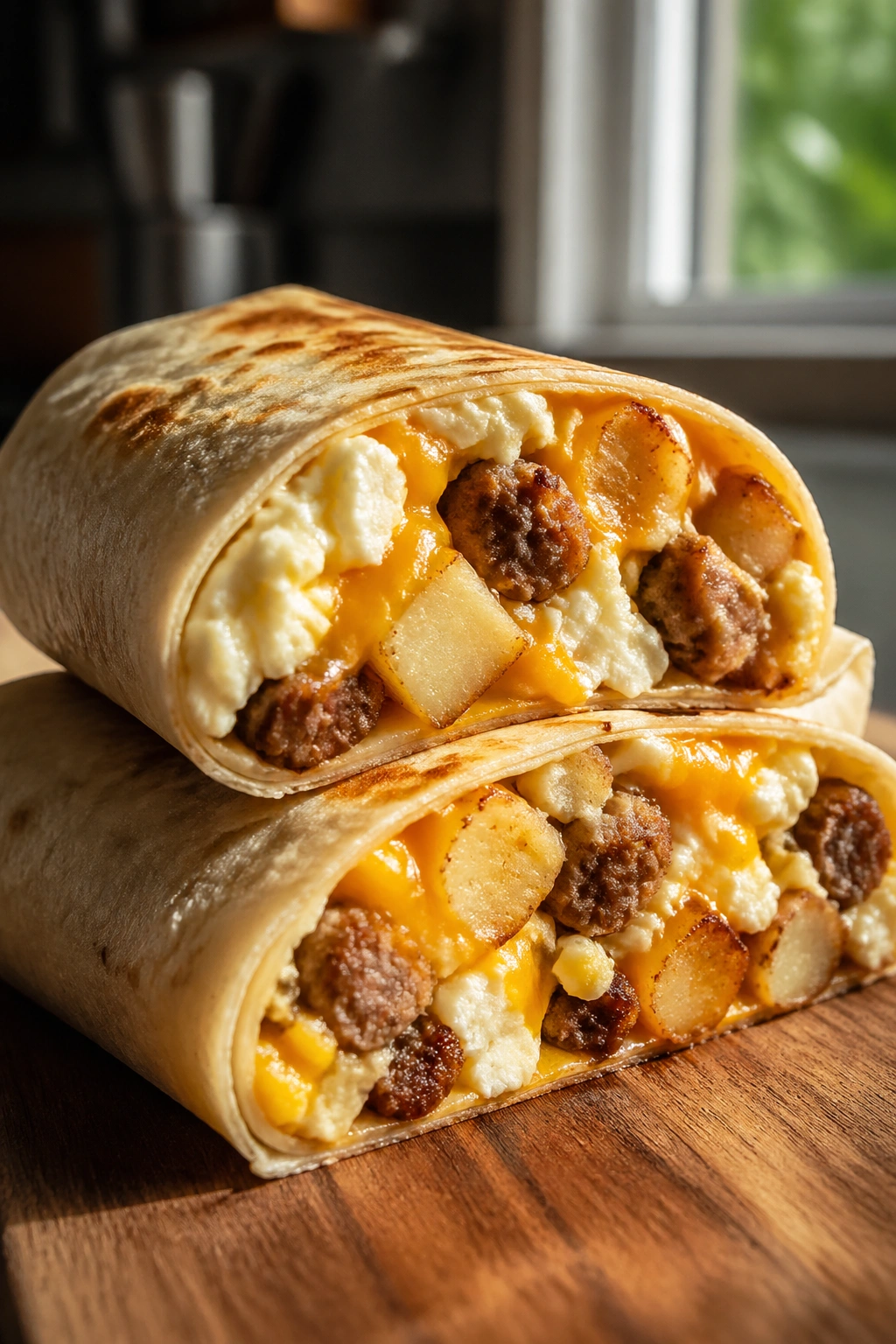 Close-up of a halved egg white and potato breakfast burrito on a rustic cutting board with visible filling