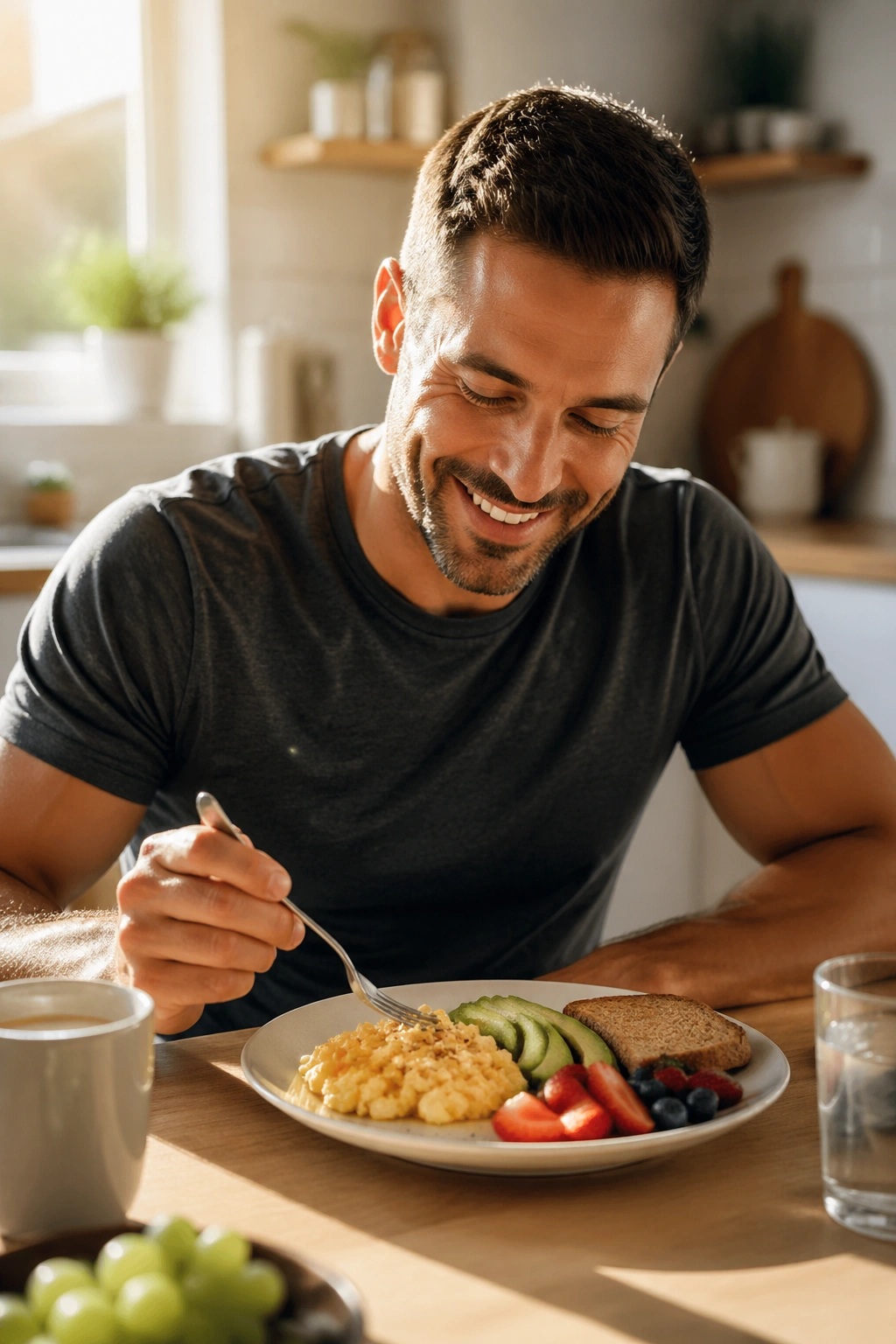 Man enjoying a hearty breakfast to front-load calories