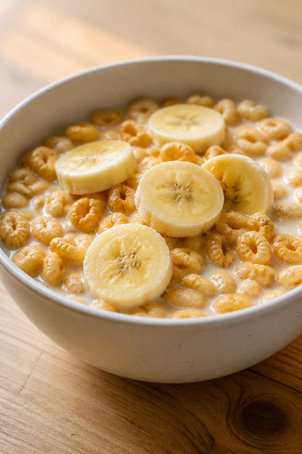 Bowl of plain low-fiber cereal with milk and banana slice