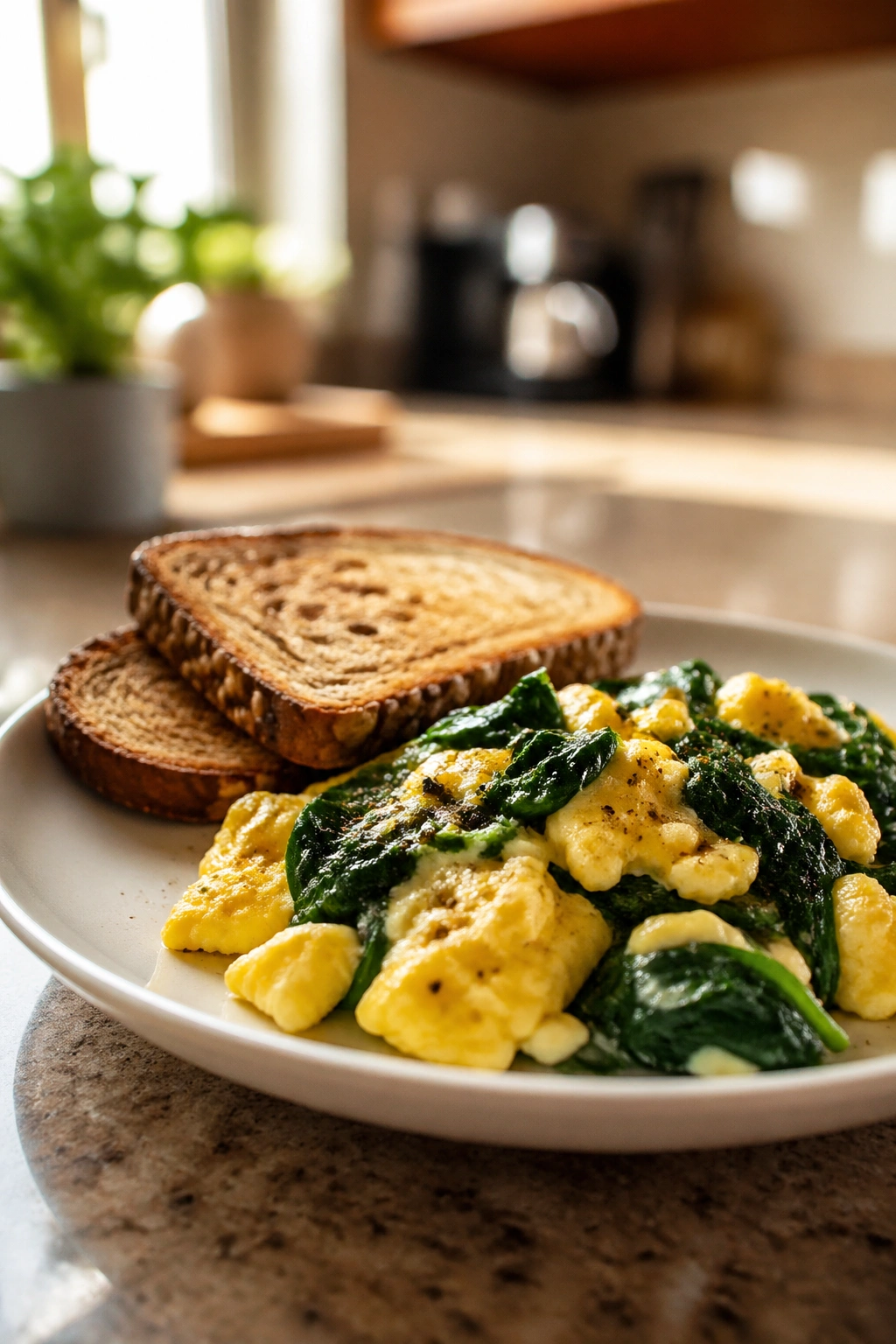 Close-up plate of eggs, spinach, and toast for a protein-rich breakfast