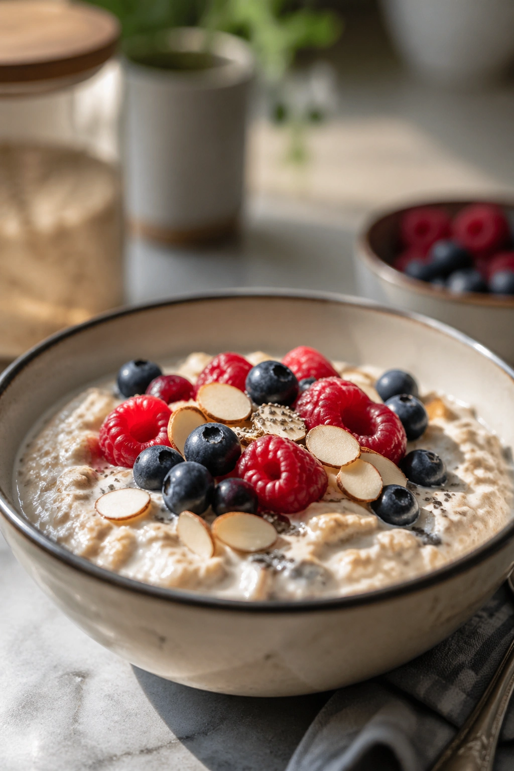 Close-up of a bowl of overnight oats for breakfast in a sunny kitchen
