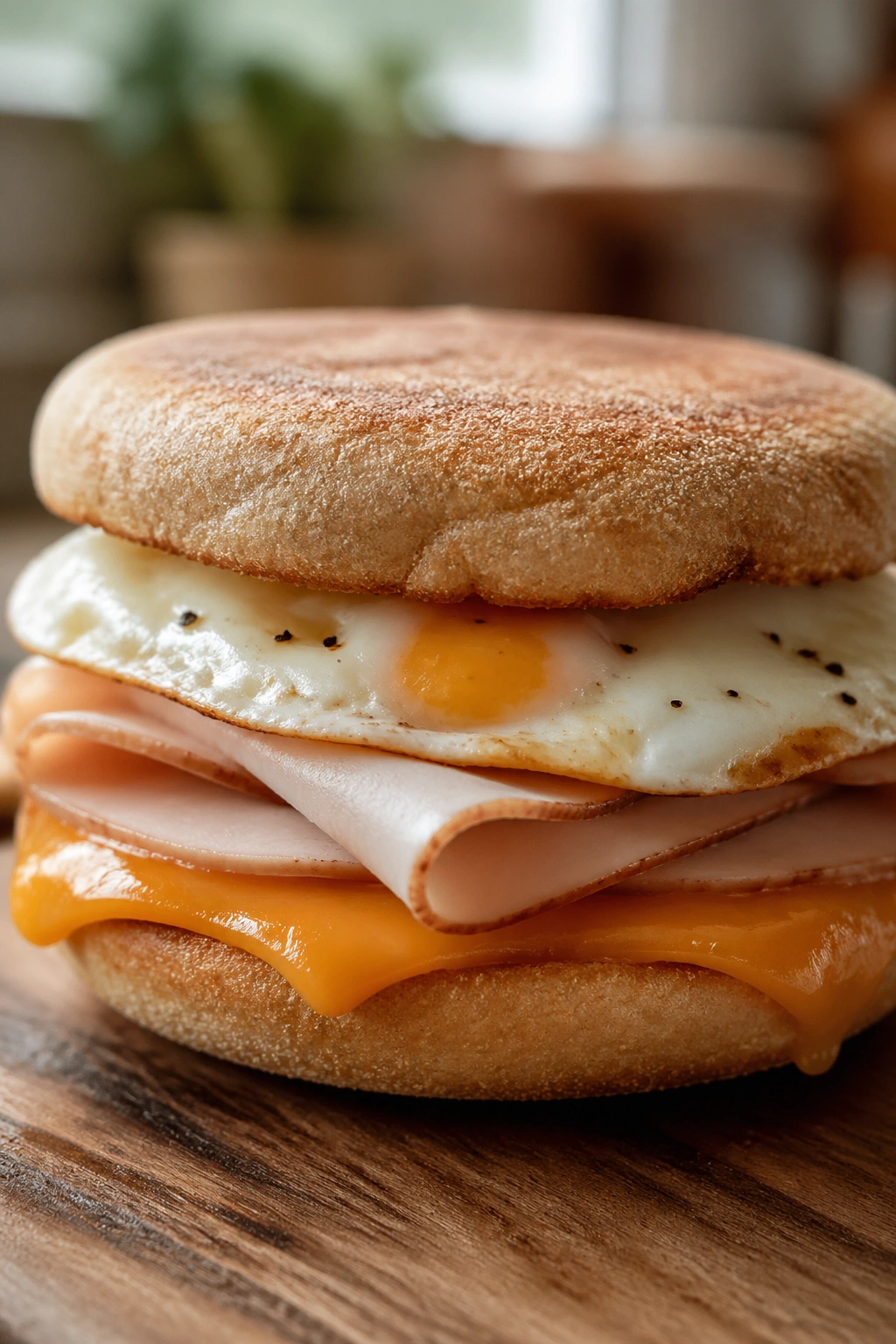 Close-up of a breakfast sandwich with egg and turkey on an English muffin in a cozy kitchen