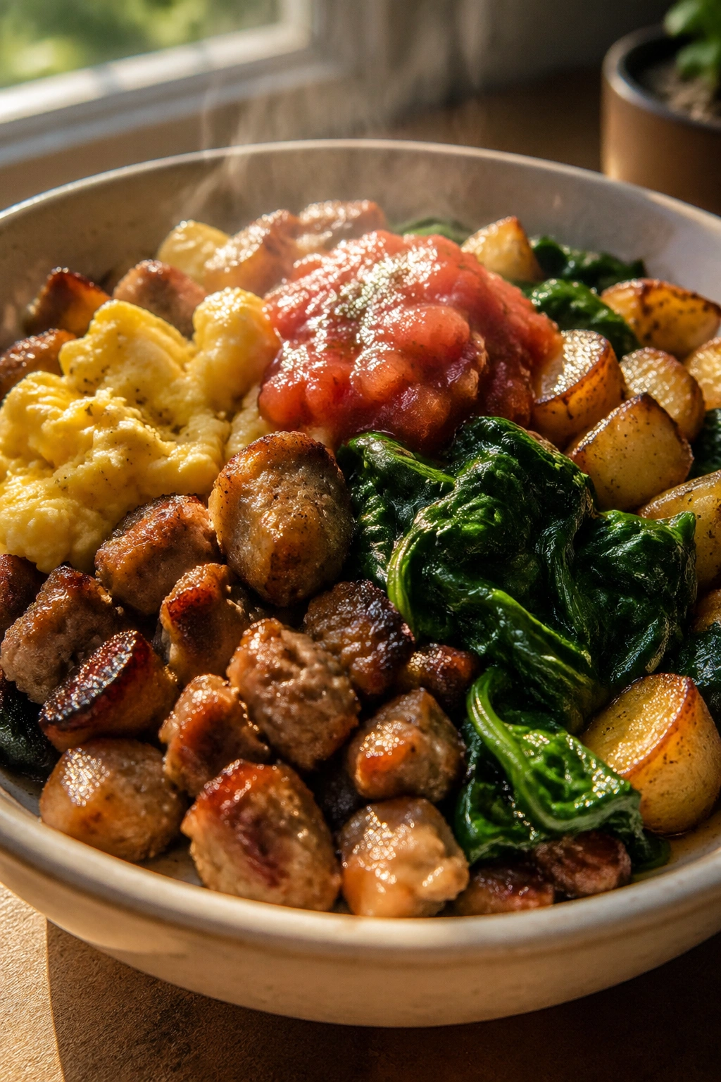 Close-up of a breakfast sausage egg bowl with sausage, eggs, potatoes, spinach and salsa on a rustic wooden table
