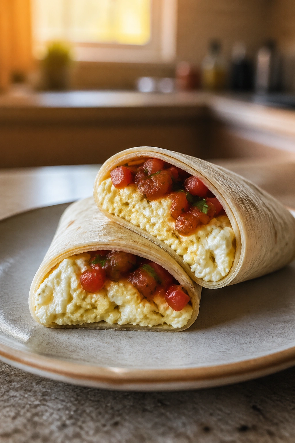 Close-up of mini breakfast wrap with egg whites and salsa