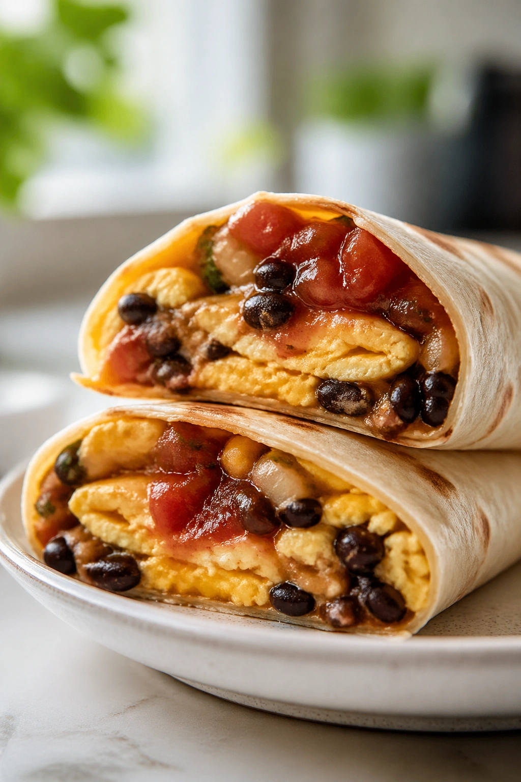 Half of a breakfast wrap showing eggs, beans, and salsa on a plate