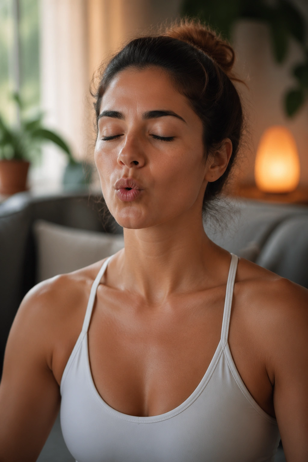 Close-up portrait of a person practicing bee breath with lips softly closed and a calm expression