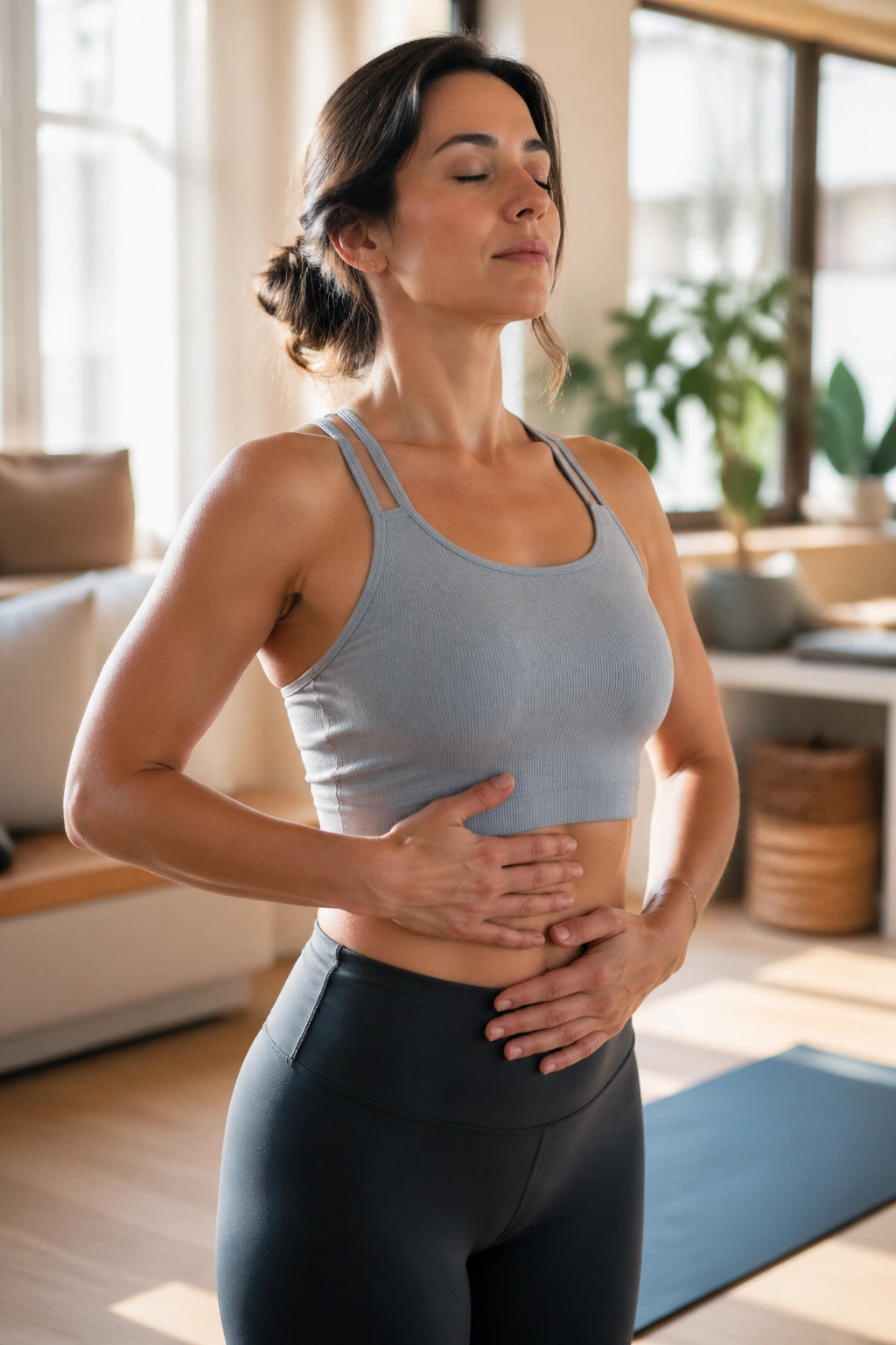 Portrait of a person performing breath-and-brace wake-up flow in a sunlit home