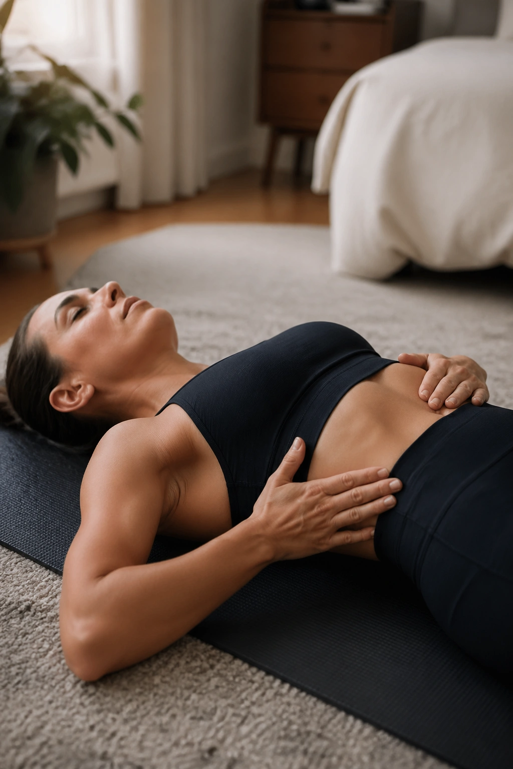 Person lying on back on a mat, hands on ribs and belly practicing breath and rib cage control