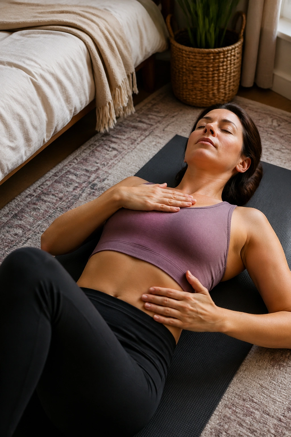Close-up of torso during rib reset breathing with hands on chest and ribs