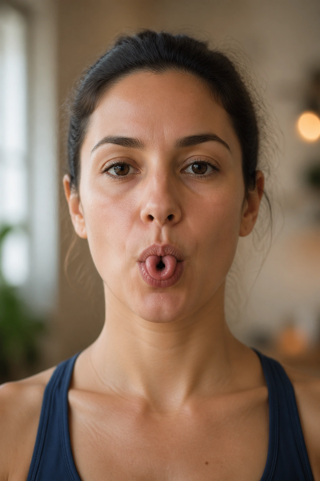 Close-up of a person performing tongue-roll cooling breath with rolled tongue