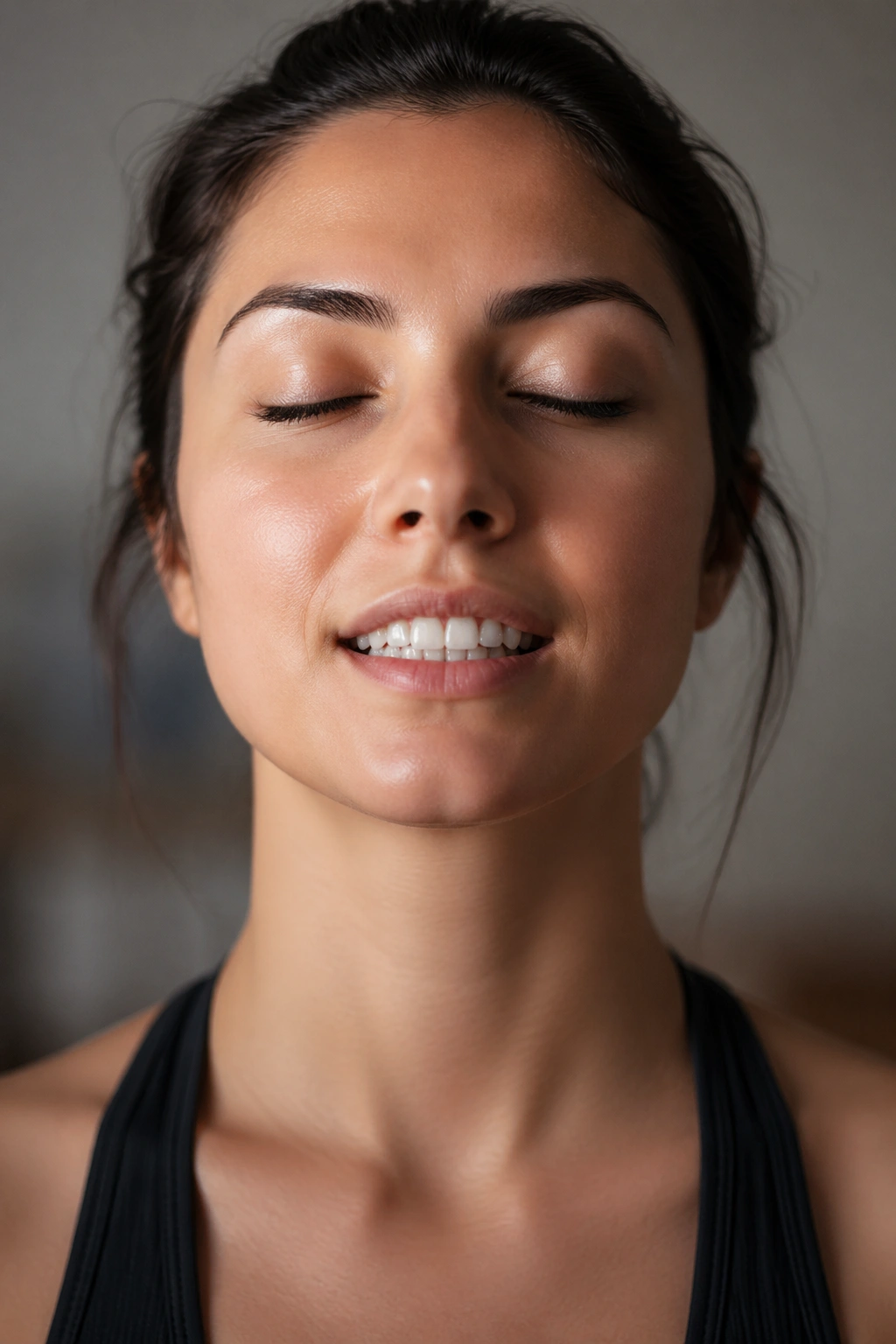 Close-up portrait of a person performing teeth-sipped cooling breath Sitkari