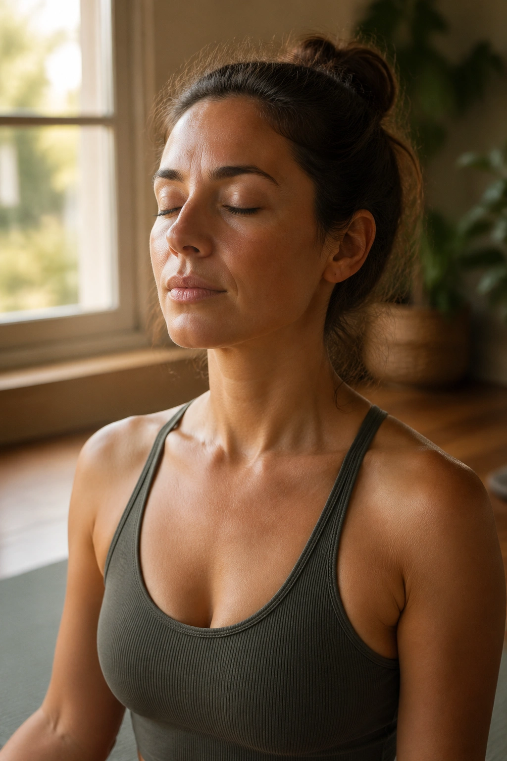 Medium close-up portrait of a person practicing soft ujjayi breath with gentle throat shape