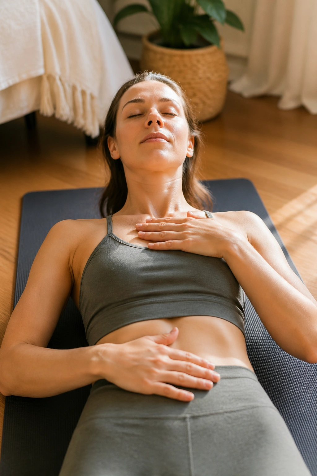 Close-up of a person lying on their back practicing three-part breath focusing on belly, ribs, and chest
