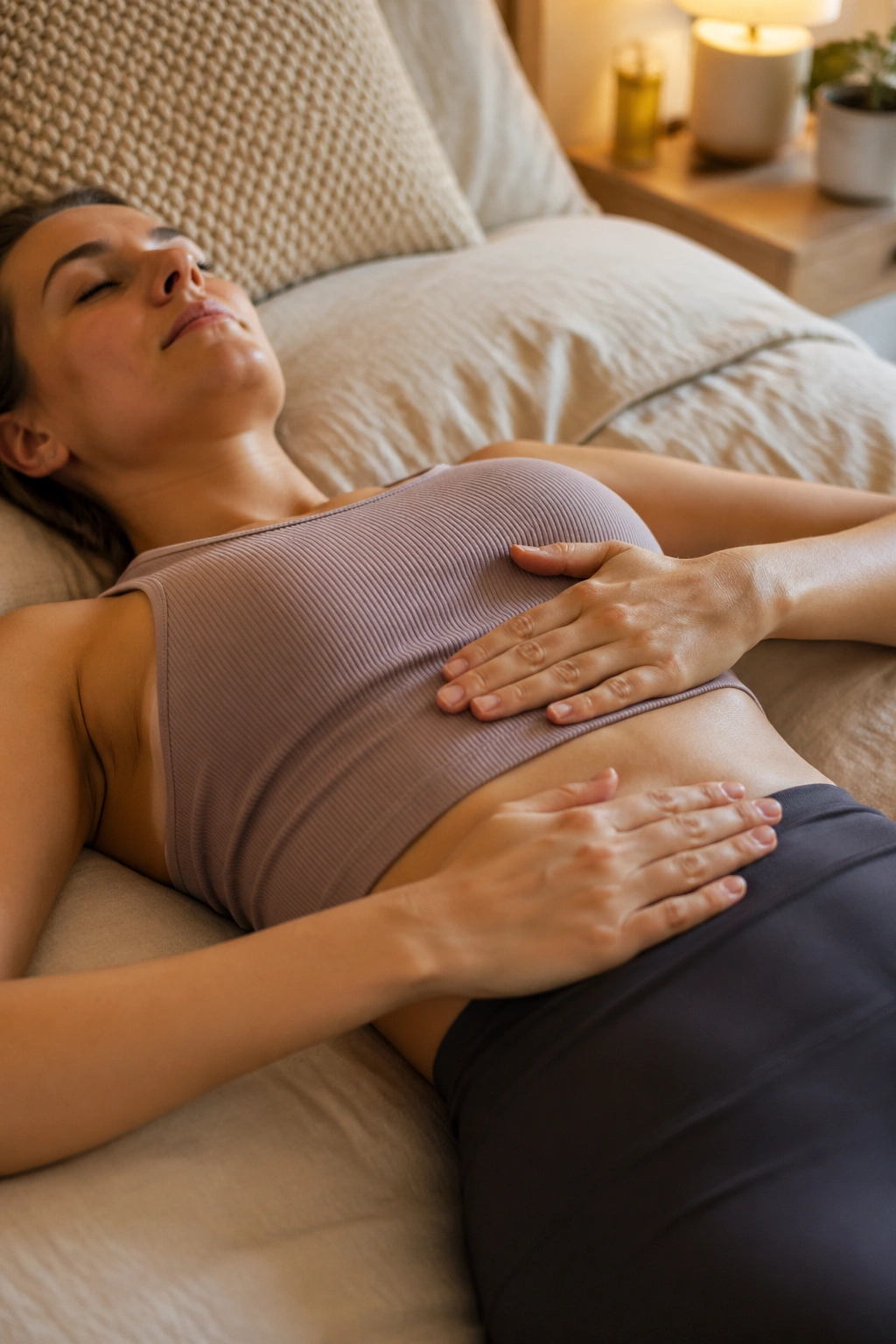 Close-up of a person practicing 360 breathing with rib stack reset in a calm bedroom