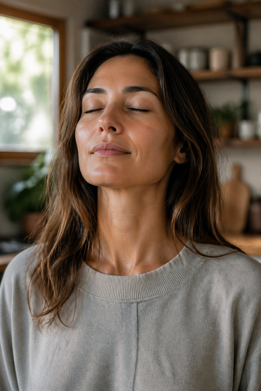 Close-up of a calm person practicing breathing in a kitchen.