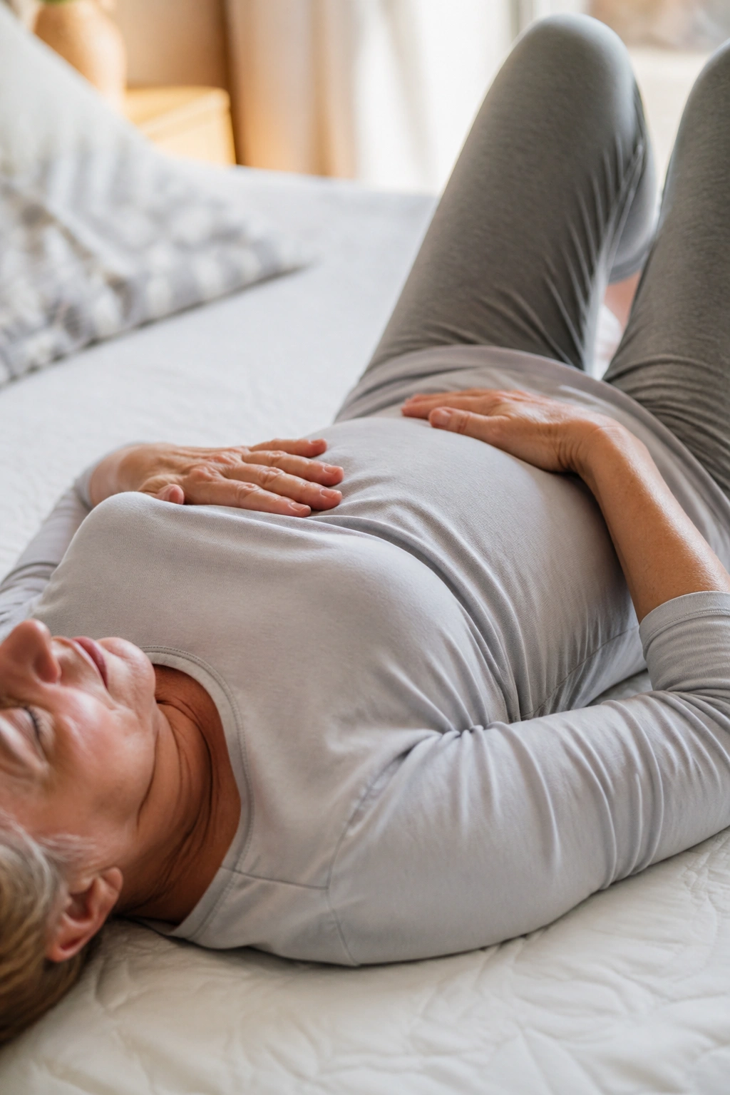 Close-up of elderly person's torso showing rib expansion during breathing