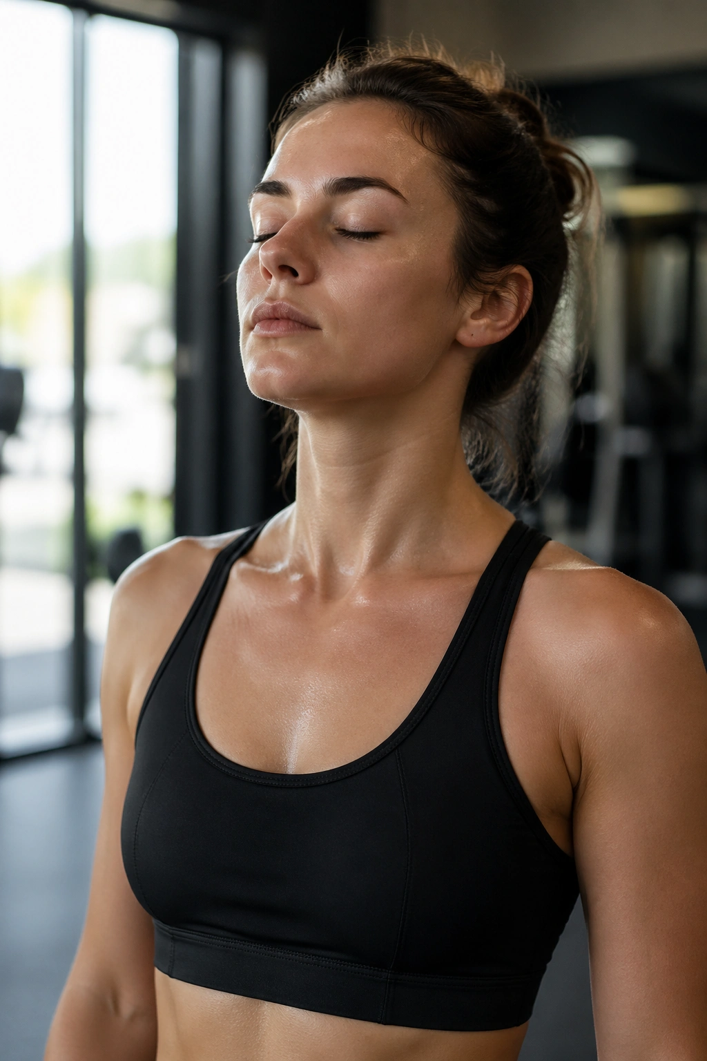 Portrait of a person performing a brief breathing routine before a workout