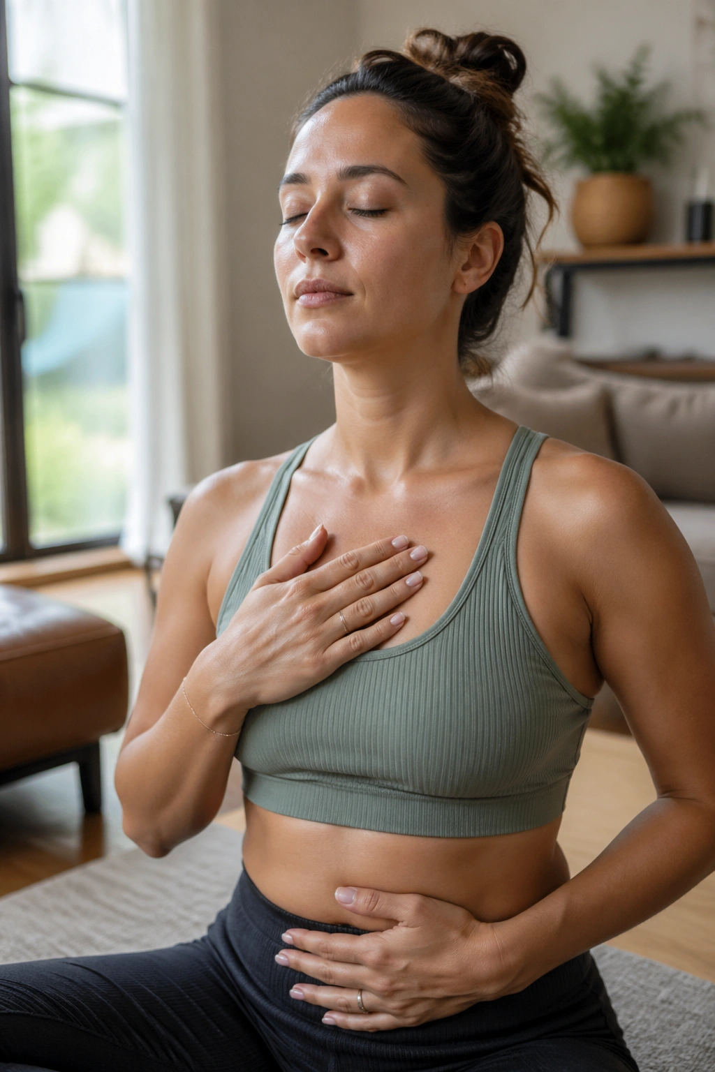 Close-up of a real woman practicing breathing exercise in a cozy room