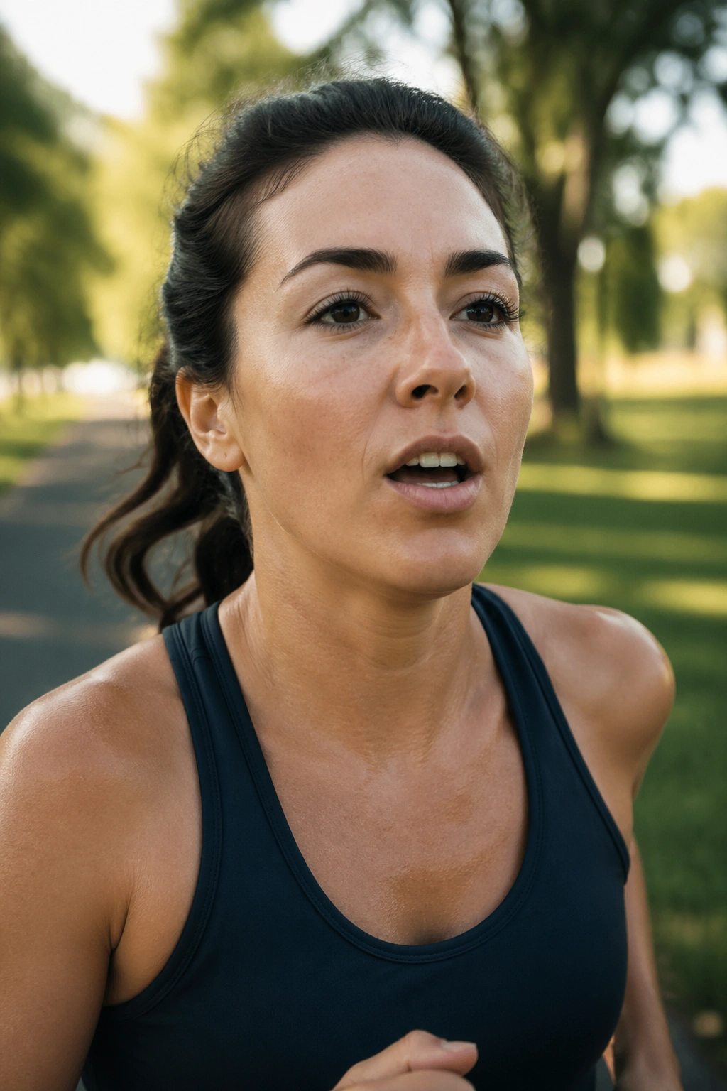 Runner's face mid-run showing breathing effort for talk test cues