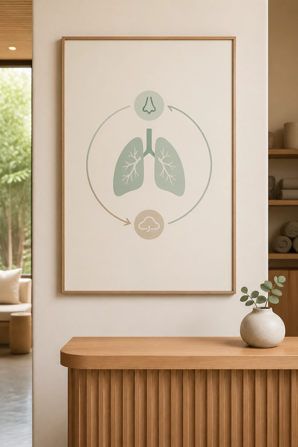 Breathwork poster with lungs and breathing loop on a calm studio wall